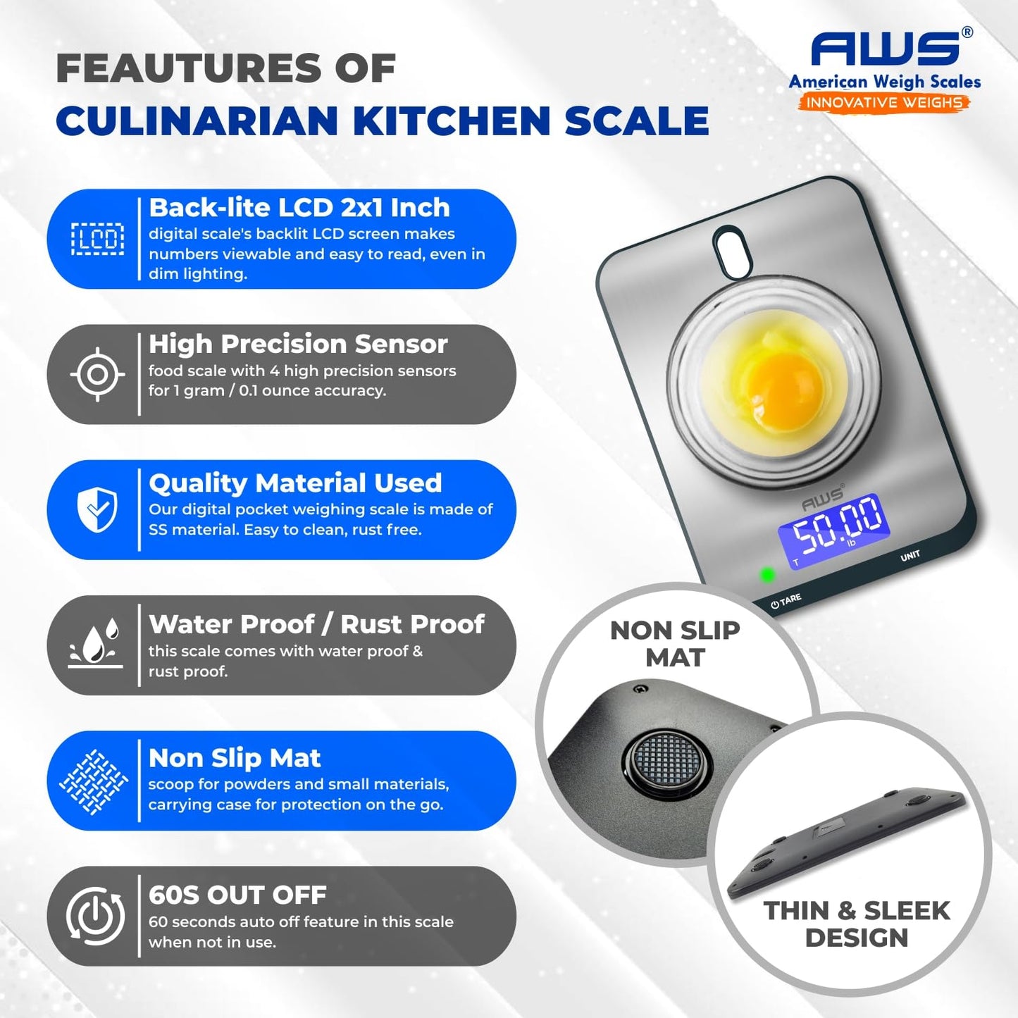 AWS Culinarian Digital Kitchen Cooking Baking Food Scale 22lb x 0.1oz | Stainless Steel with Tare, Touch Buttons, Water-Resistant Surface | Milk/Water mL Mode, Thin Design & Backlit Display