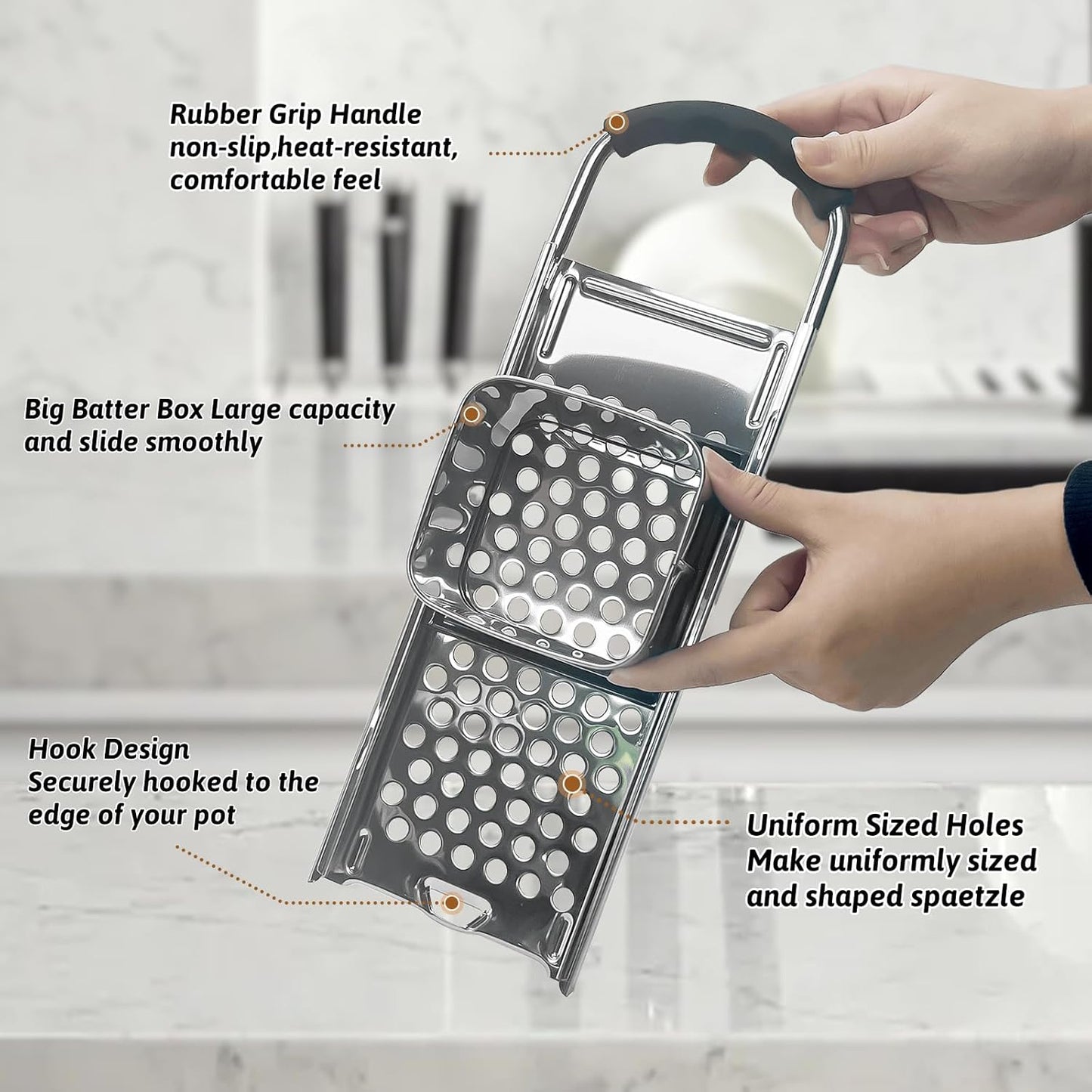 Premium Grade Stainless Steel Spaetzle Maker with Anti-slip Rubber Handle, Spider Strainer Skimmer, Silicone Scraper and Plastic Brush, Homemade German Egg Noodle Dumpling Making Tool Set