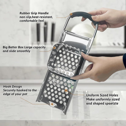Premium Grade Stainless Steel Spaetzle Maker with Anti-slip Rubber Handle, Spider Strainer Skimmer, Silicone Scraper and Plastic Brush, Homemade German Egg Noodle Dumpling Making Tool Set