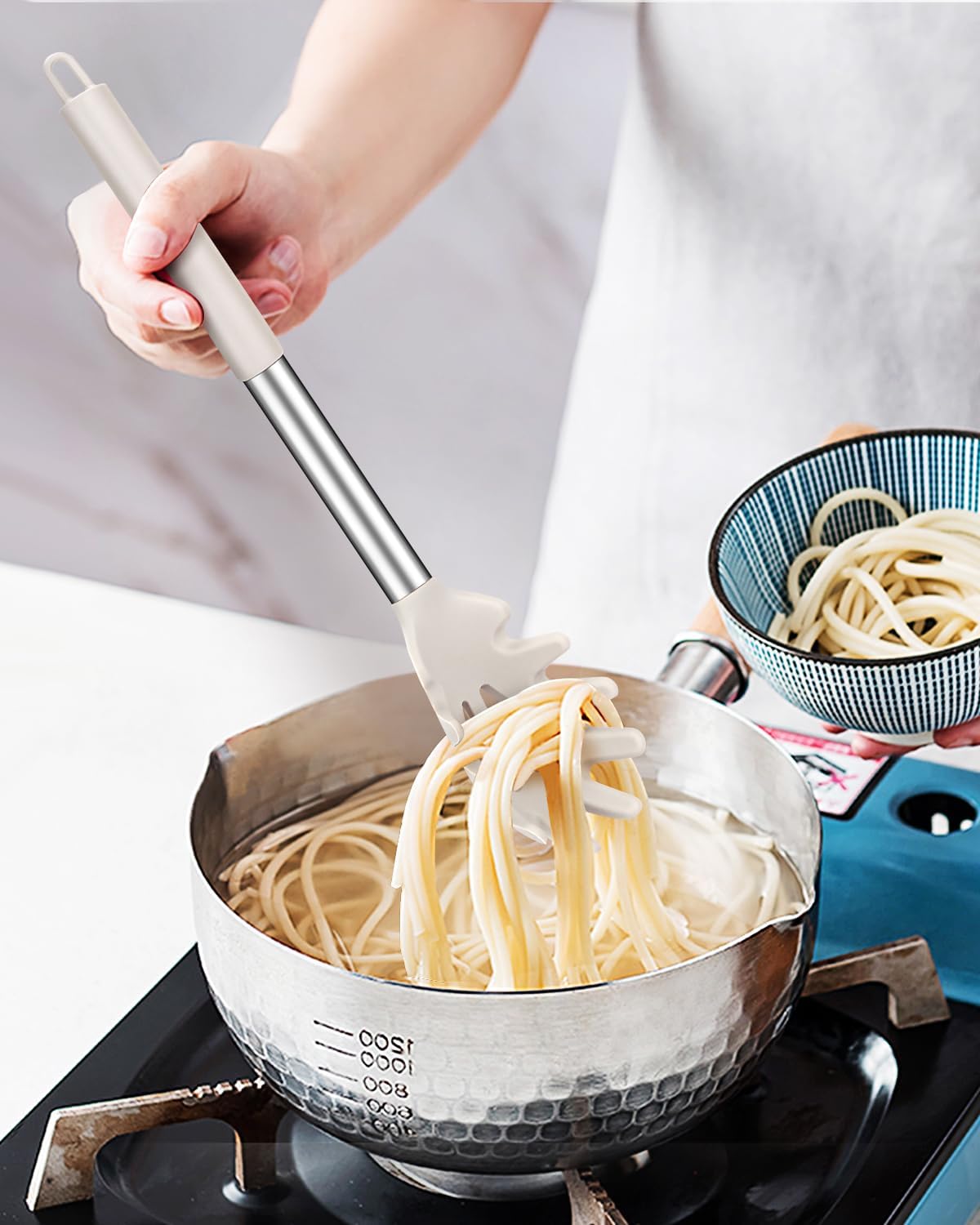Pack of 2 Silicone Pasta Fork, Kitchen Heat Resistant Noodle Spoon Server, BPA Free Spaghetti Strainer, Best Cooking Tools (GRAY-BLUE)