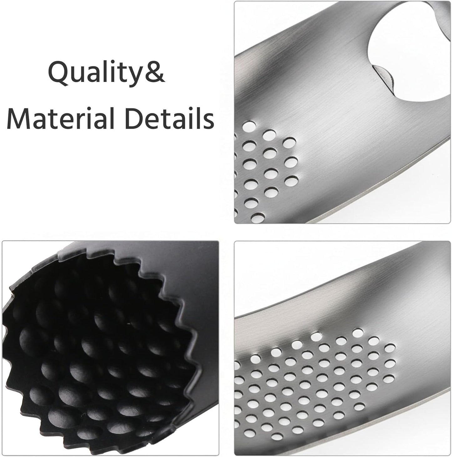Garlic Press Rocker Stainless Steel, Manual Garlic Mincer Crusher with Silicone Peeler Set, Heavy Duty Ginger Smasher with Bottle Opener for Kitchen, Dishwasher Safe, Silver & Black