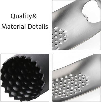 Garlic Press Rocker Stainless Steel, Manual Garlic Mincer Crusher with Silicone Peeler Set, Heavy Duty Ginger Smasher with Bottle Opener for Kitchen, Dishwasher Safe, Silver & Black