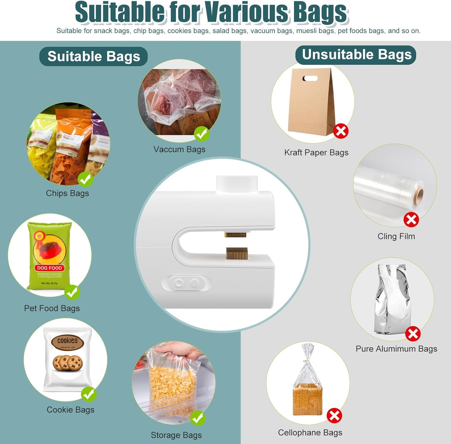 4 in 1 Mini Bag Sealer, Bag Sealer Heat Seal with Cutter, USB C Rechargeable Chip Bag Sealer Heat Seal, Portable Bag Resealer for Plastic Bags Snacks & Food Storage, Pure White