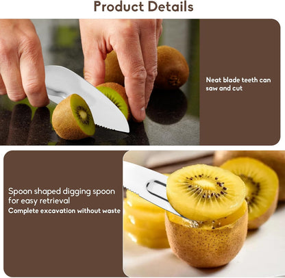 6pcs Stainless Steel Kiwi Knife and Spoon, 2-in-1 Flexible Kiwi Peeler and Fruit Scoop Tool, Multipurpose Mango Slicer and Avocado Cutter for Kitchen and Travel, Silver