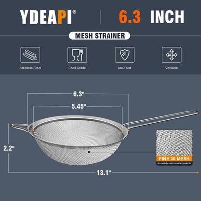 Ydeapi 8.6" Large Fine Mesh Strainer with Handle, Metal Food Strainers for Kitchen, Sieve Fine Mesh Stainless Steel for Rice, Quinoa, Pasta, Noodles