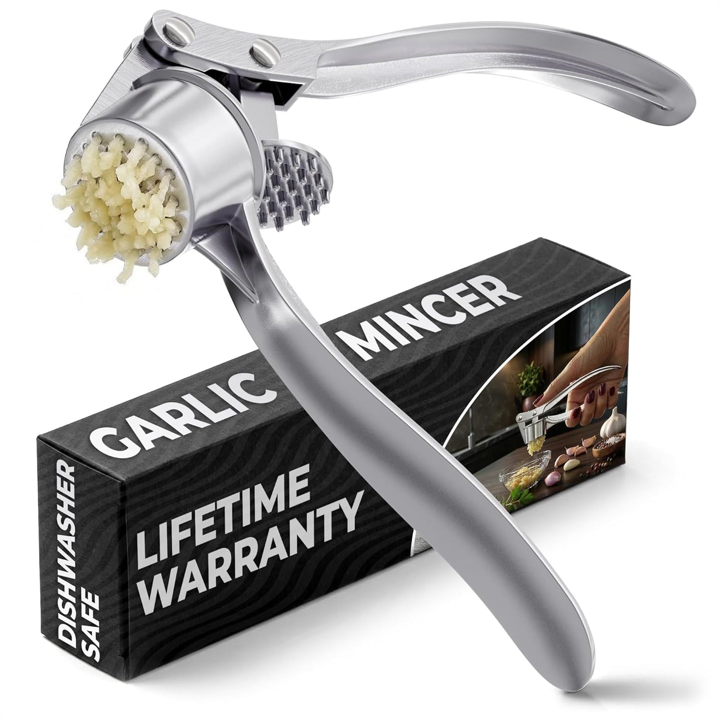 Stainless Steel Garlic Press - Ginger Mincer with 37 Built-In Studs for Maximum Extraction, for Garlic, Ginger and Soft Nuts - Ergonomic Handle, Dishwasher Safe and Rust-Resistant, No Peel Needed