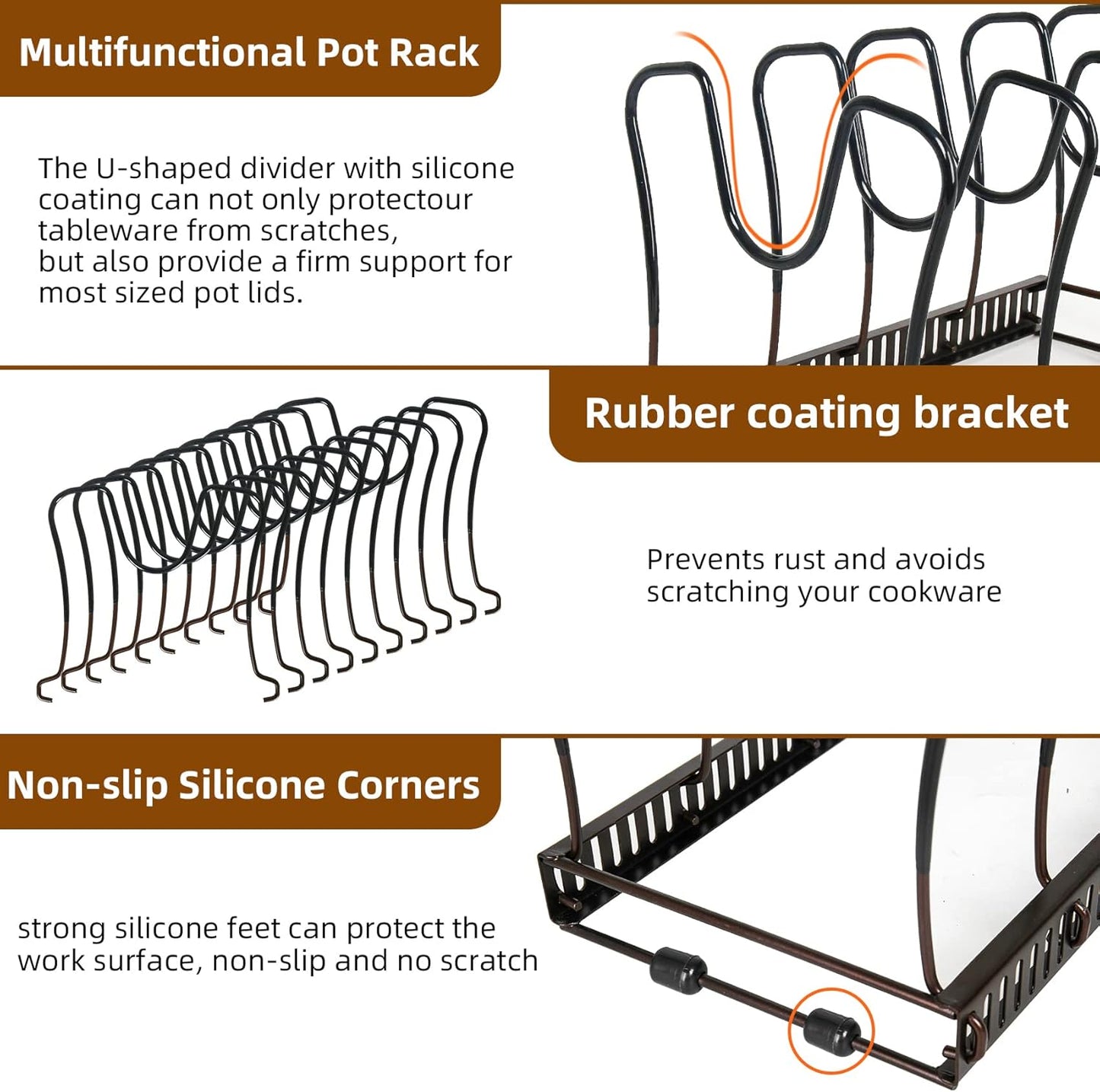 Pot Rack Organizer -Expandable Pot and Pan Organizer for Cabinet,Pot Lid Organizer Holder with 10 Adjustable Compartment for Kitchen Cabinet Cookware Baking Frying Rack,Bronze