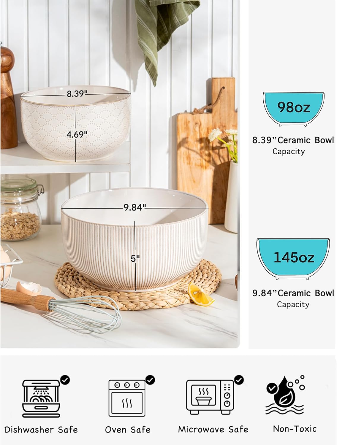 Ceramic Mixing Bowls, Embossed Nesting Bowls Set of 4, Mixing Bowl Set for Serving, Baking, Cooking and Gift, Microwave and Dishwasher Safe, 20/47/99/148 oz, Off-White