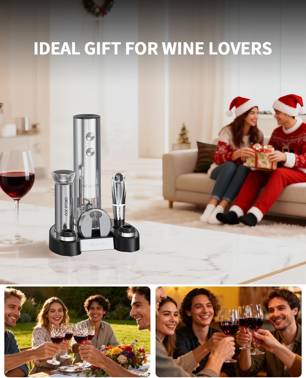 CIRCLE JOY Electric Wine Opener Stainless Steel Rechargeable Automatic Wine Bottle Opener Set 7-in-1 Wine Gifts for Wine Lovers with Charging Base, Foil Cutter, Wine Aerator Pourer & 2 Vacuum Stoppers