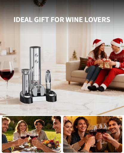 CIRCLE JOY Electric Wine Opener Stainless Steel Rechargeable Automatic Wine Bottle Opener Set 7-in-1 Wine Gifts for Wine Lovers with Charging Base, Foil Cutter, Wine Aerator Pourer & 2 Vacuum Stoppers