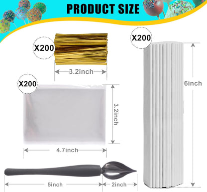 Cake Pop Kit Including 200 pcs 6 inch Lollipop Sticks and 200 pcs Clear Wrappers, 15 hole Clear Acrylic Display Stand, 1 pcs Metal Baller Scoop, 1 pcs Culinary Decorating Scooper, Gold Twist Ties
