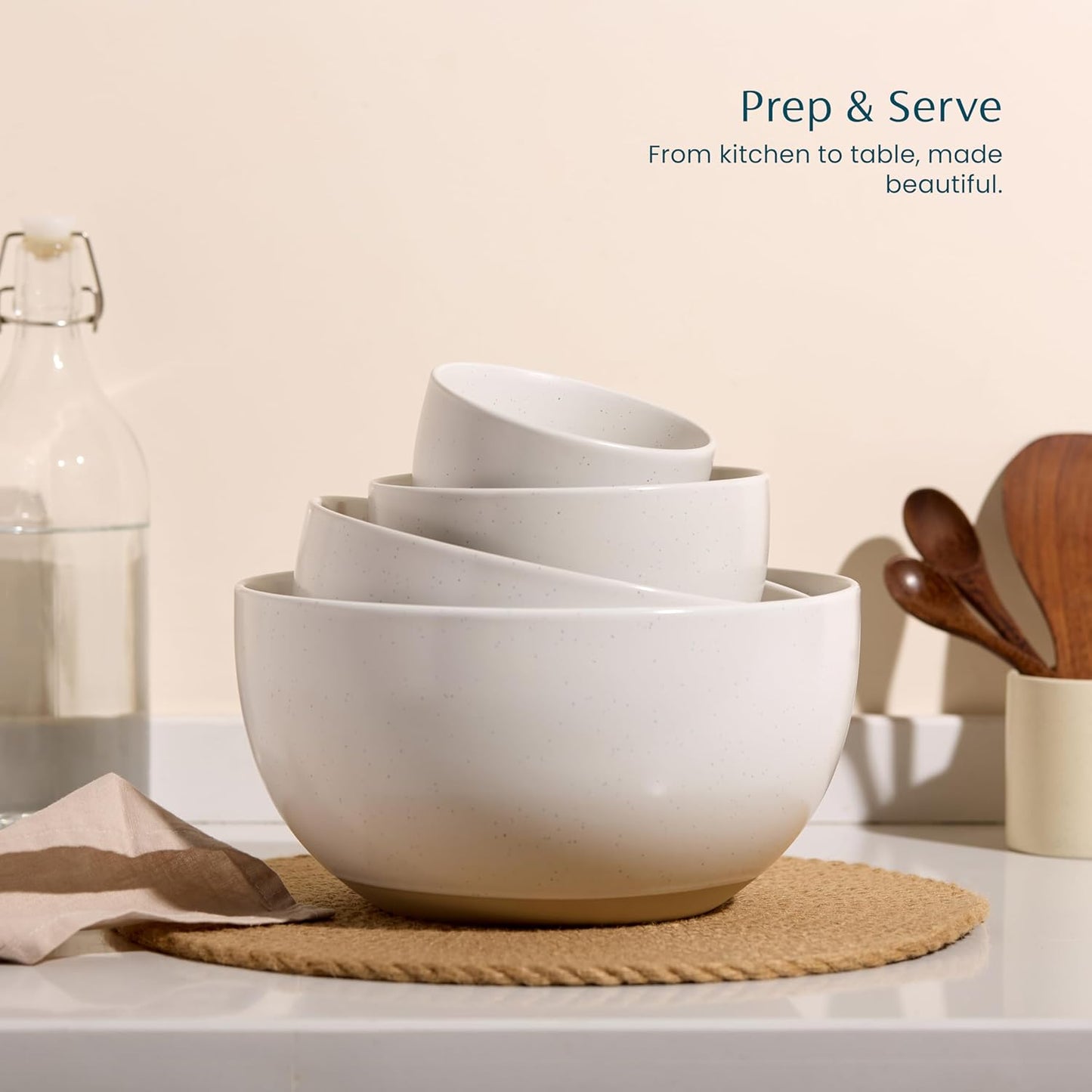 KooK Mixing Bowls, Ceramic Nesting Bowls, Stoneware Kitchen Bowls, For Prep, Serving, Dishwasher Safe, 18/40/90/140 oz, Set of 4, Moonstone