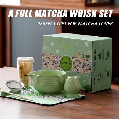 Clay&Fire Matcha Whisk Set, 9 pcs Ceramic Matcha Set, Gifts for Women,Matcha Bowl with Spout and Whisk, Matcha Kit for Matcha Lovers, Gift Mother's Day, Birthday, Anniversary