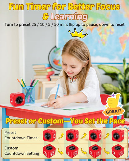 Digital Pomodoro Timer Cube 5/10/25/50min, Visual Productivity Flip Timer for Kids Classroom Desk, Custom Countdown, Silent and Sound Mode for ADHD Study Work Game Kitchen (Orange)