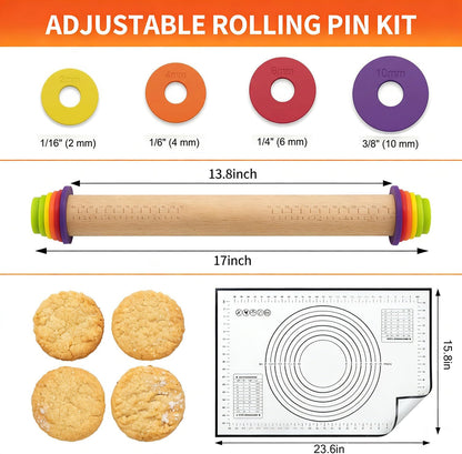 Rolling Pin With Thickness Rings, Adjustable Wooden Rolling Pin Set, 17 inch Rolling Pins for Baking, Biscuit, and Dough Kneading, Pizza Dough, Paster Roller