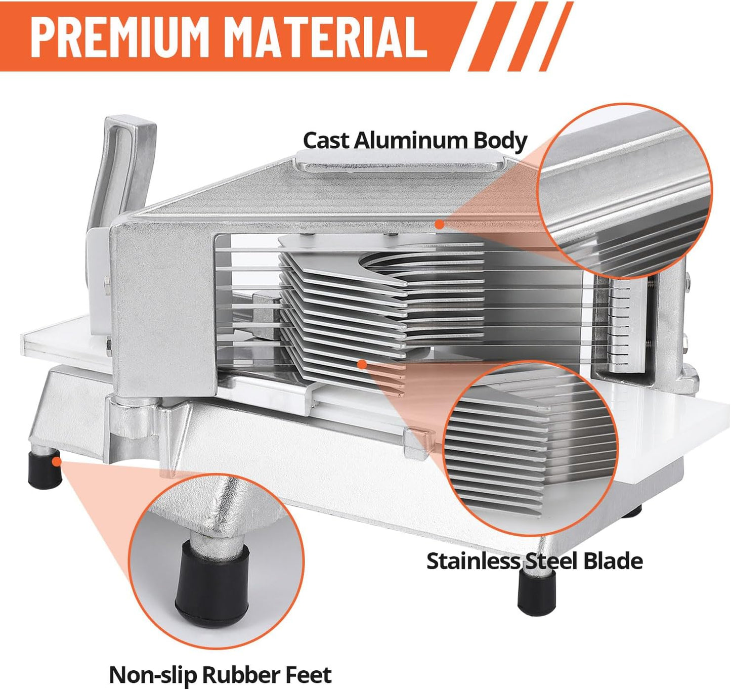 Commercial Tomato Slicer with 3/8" Stainless Steel Blades, Built-In Cutting Board, Vertical & Horizontal Handles, Safety Guards, and Non-Slip Rubber Feet for Restaurant or Home Use