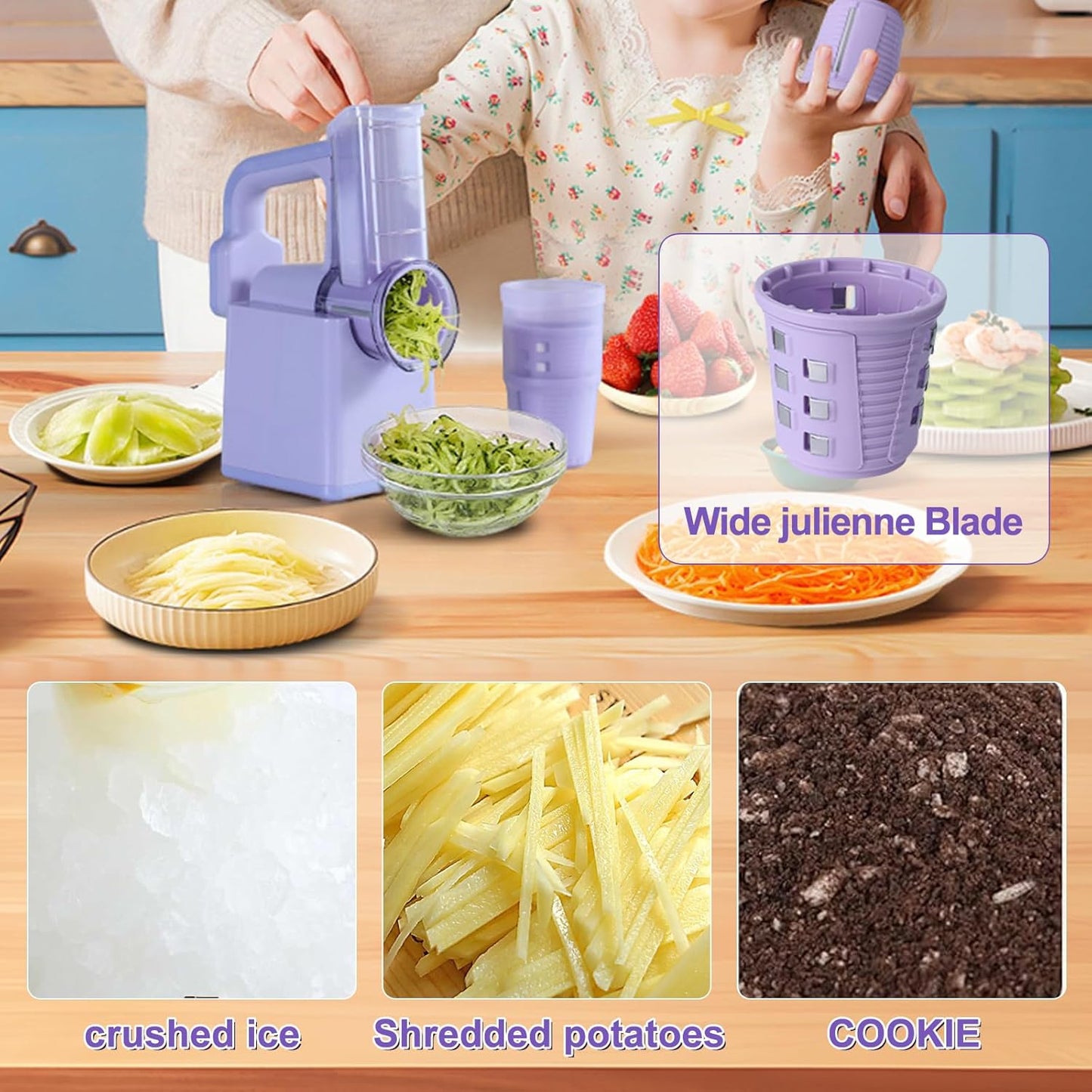 Kitchen Rotary Vegetable Chopper 3 Blade Cheese Shredder& 3 Interchangeable Drums Easy to Clean Kitchen Gadgets with Storage Box Cheese Shredder for Cheeses, Veggies, Nuts - Easy to Use