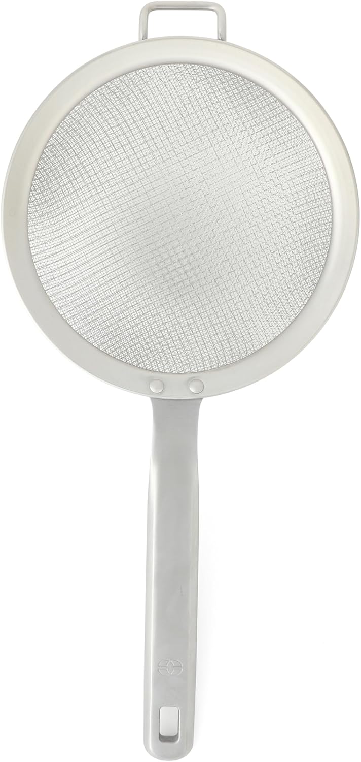 Calphalon Edge Stainless Steel Strainer, Fine Mesh Kitchen Colander Strainer with Thermoplastic Rubber Handle, Sifter for Rinsing, Draining & Straining Food, Navy