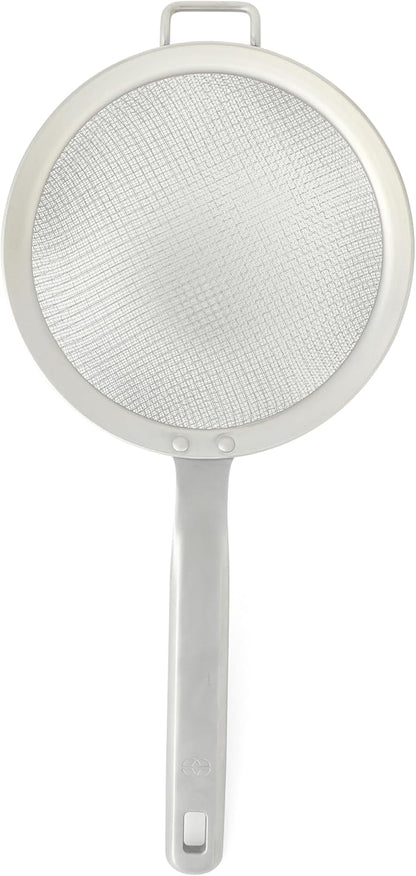 Calphalon Edge Stainless Steel Strainer, Fine Mesh Kitchen Colander Strainer with Thermoplastic Rubber Handle, Sifter for Rinsing, Draining & Straining Food, Navy