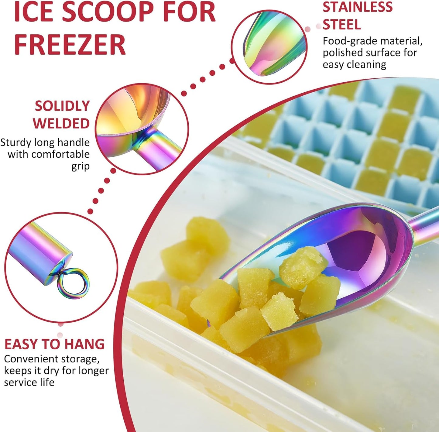6 Oz Ice Scoop Set of 2, Leonyo Small Ice Cube Scoop for Freezer Bin, Stainless Steel Food Scoopers Spoon for Dry Goods, Flour, Pet, Kitchen Containers – Silver