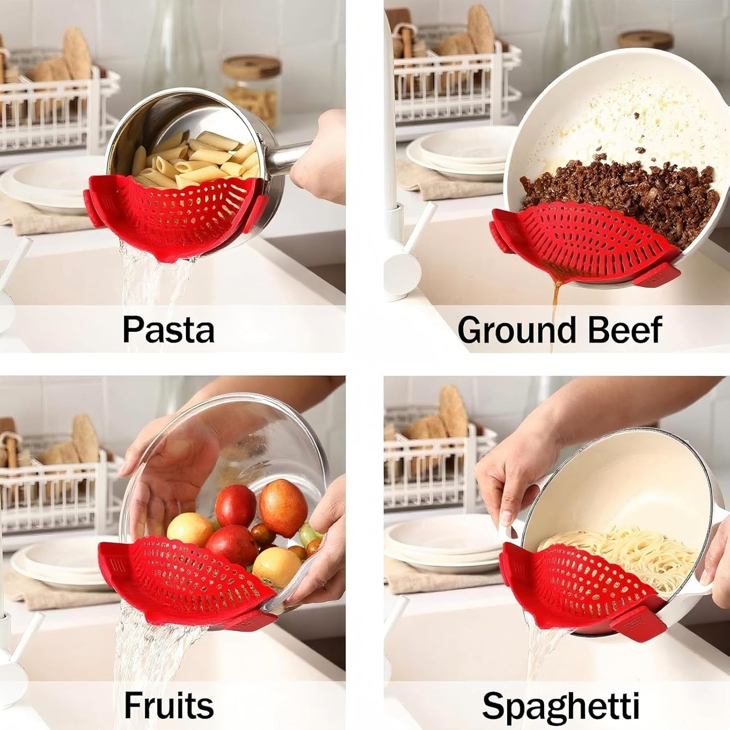2 PACK Silicone Clip-on Strainer - Fits Pots, Pans & Pasta, Hands-Free Food Strainer for Ground Beef, Spaghetti, Pasta, Compatible with All Bowls and Pots