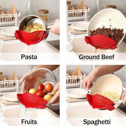 2 PACK Silicone Clip-on Strainer - Fits Pots, Pans & Pasta, Hands-Free Food Strainer for Ground Beef, Spaghetti, Pasta, Compatible with All Bowls and Pots