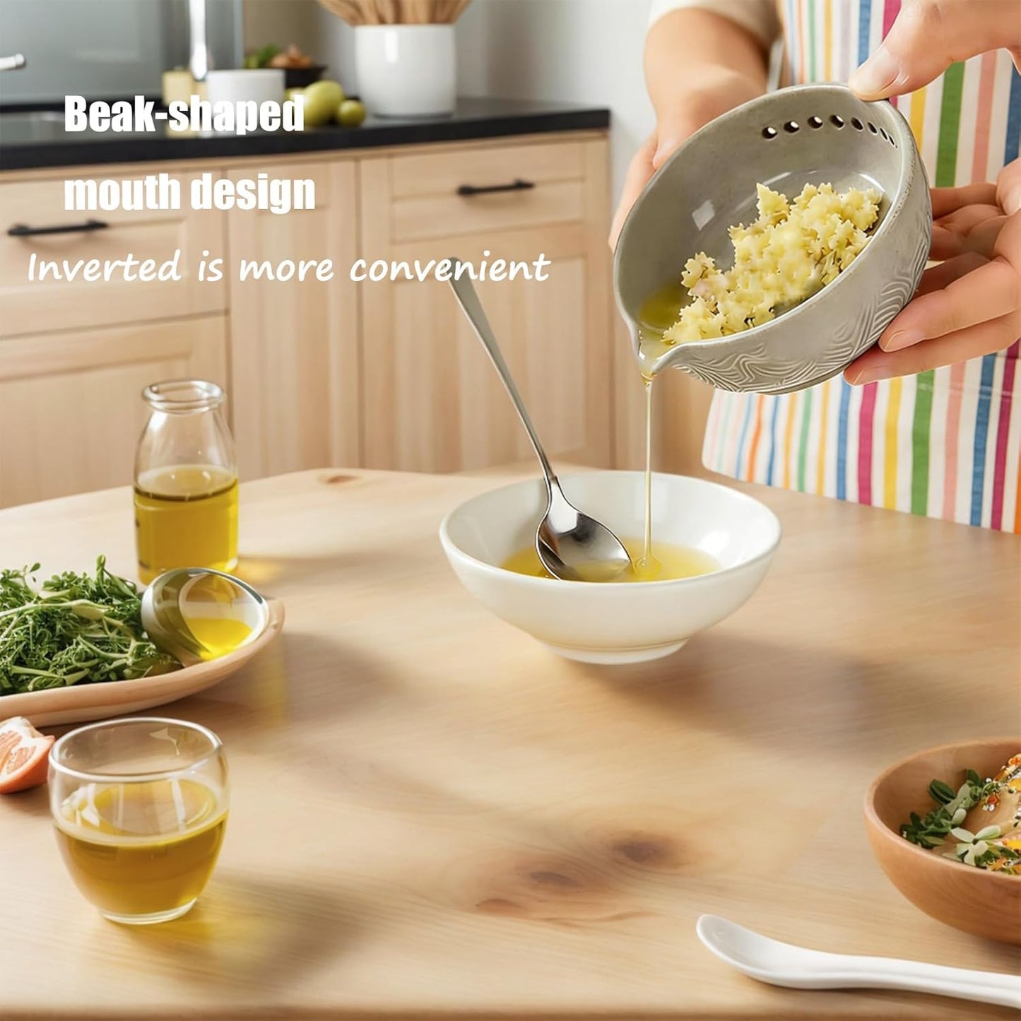 Ceramic Herb Stripper Bowl and Garlic Grater, 2-in-1 Handmade Herb Bowl with 7 Hole Sizes for Kale, Built-In Garlic Ginger Grater Plate Tool, Multi-functional Kitchen Tool with Drainage Port (1 Pcs)