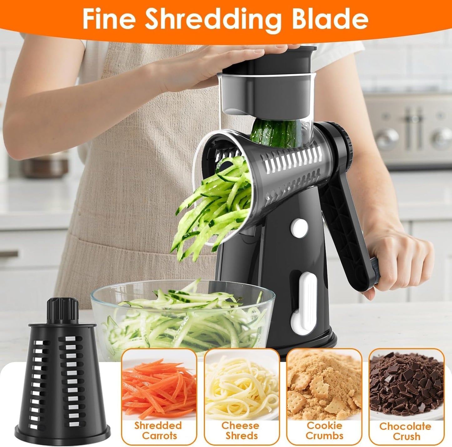 MealHelper 5 Blade Rotary Cheese Grater and Vegetable Chopper with Storage Box and Hand Crank, Compact Shredder for Cheeses, Veggies, Nuts - Easy to Use, Non-slip Suction Base,White
