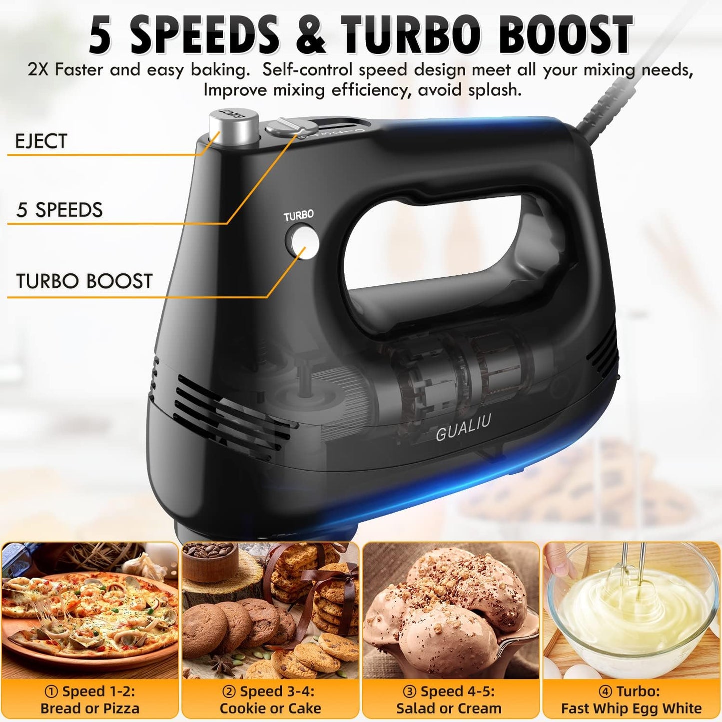 GUALIU Electric Hand Mixer with Stainless Steel Whisk, Dough Hook Attachment and Storage Bag, Handheld Mixer for Baking Cakes, Eggs, Cream Food Mixers. Turbo Boost /5 Speed Kitchen Blender PINK