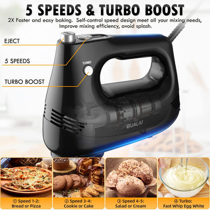 GUALIU Electric Hand Mixer with Stainless Steel Whisk, Dough Hook Attachment and Storage Bag, Handheld Mixer for Baking Cakes, Eggs, Cream Food Mixers. Turbo Boost /5 Speed Kitchen Blender PINK