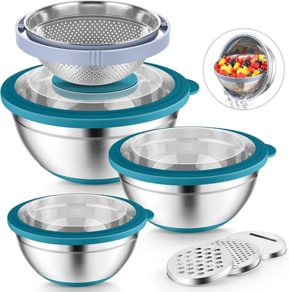 P&P CHEF Mixing Bowls with Lids Set of 3, Stainless Steel Mixing Bowl and Colander for Kitchen, 3 Grater Attachments & Non-Slip Bottoms, Visible & Airtight Lid, Khaki