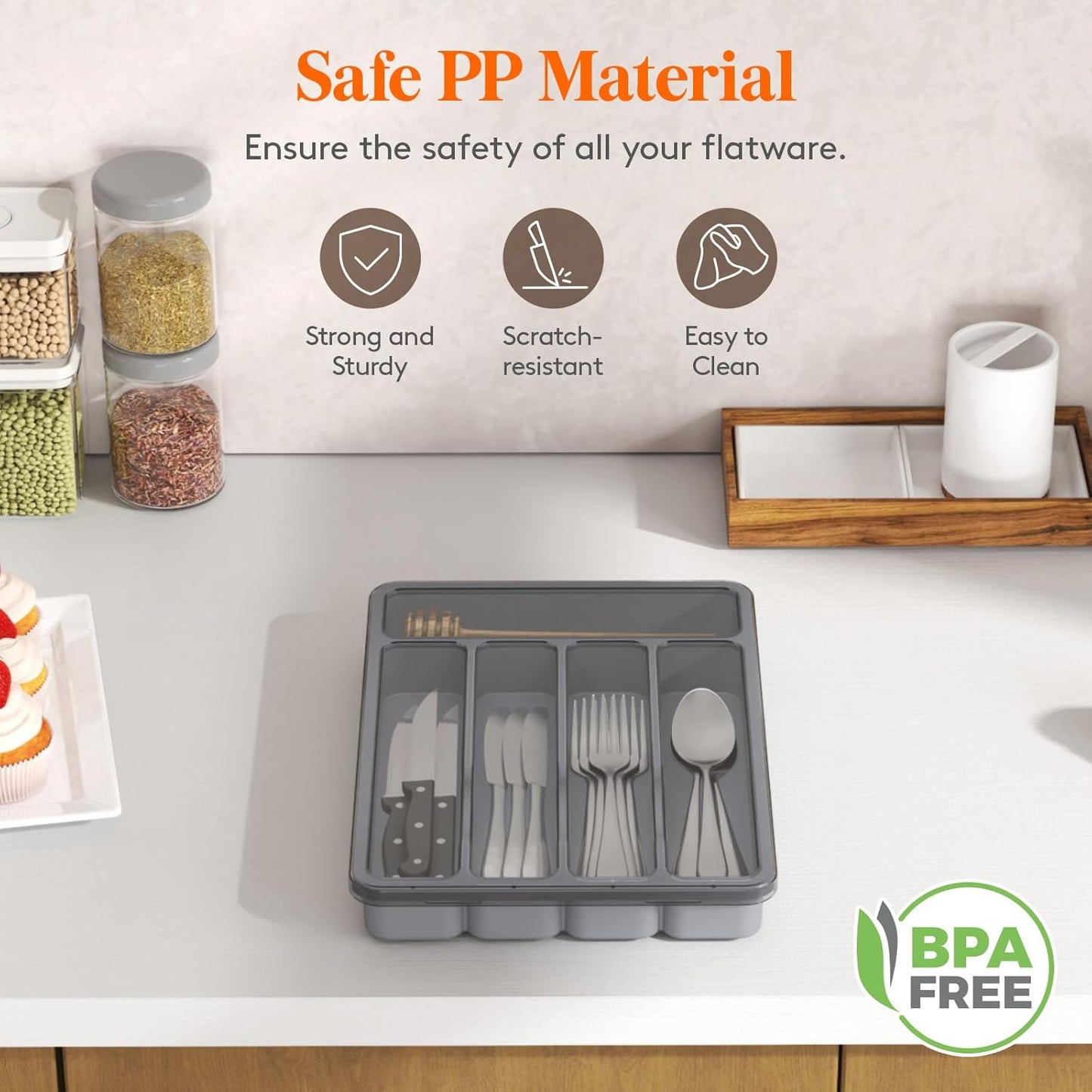 Lifewit Silverware Organizer with Lid, Covered Utensil Tray for Kitchen Drawer and Countertop, Plastic Cutlery and Flatware Storage Box for Spoons Forks Knives Holder Case, 12.6x11.8", Gray