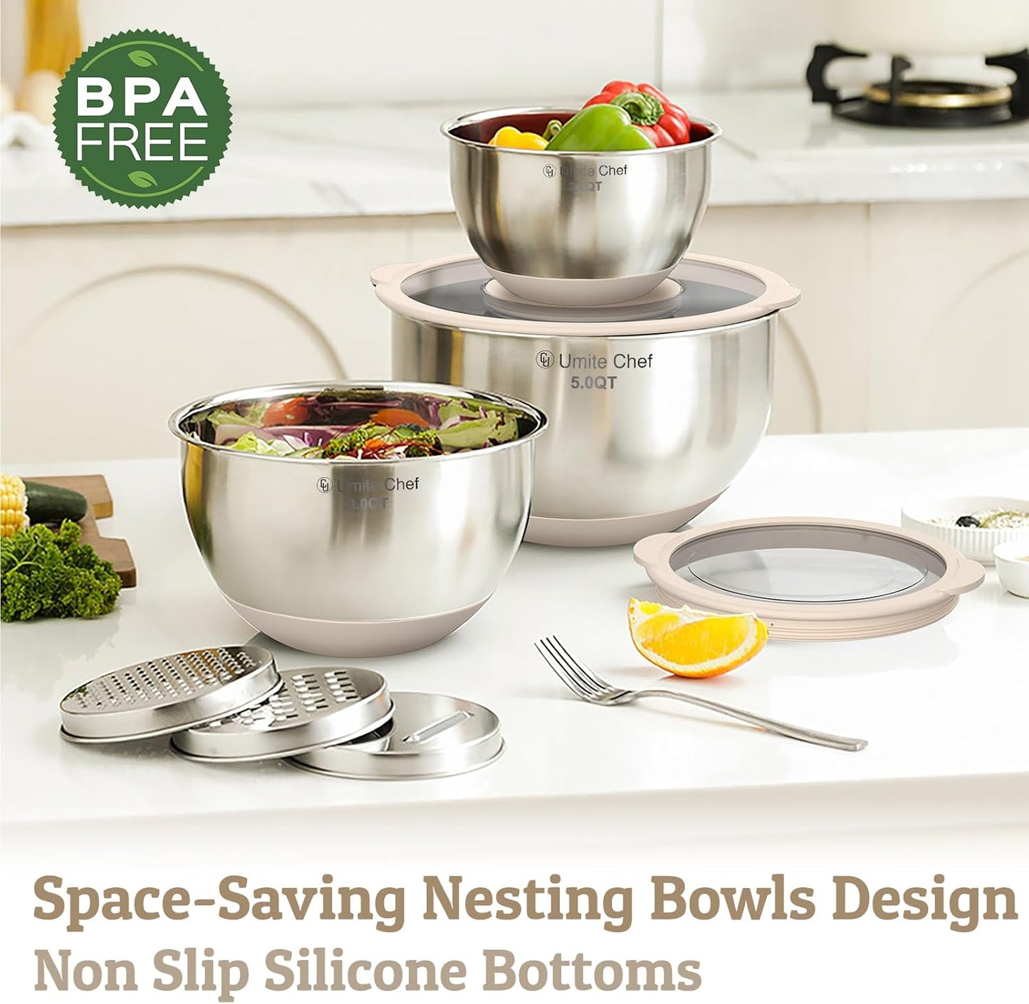 Mixing Bowls with Lids Set - Non-Slip, Airtight Warp-Proof TPR-AS Lids, Thicker Stainless Steel Bowls, Measurement Lines & 3 Graters, Prep Meal Bowl, Black Nesting Bowl for Kitchen, 5/3/2/1.5/0.63QT