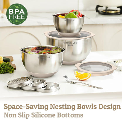 Mixing Bowls with Lids Set - Non-Slip, Airtight Warp-Proof TPR-AS Lids, Thicker Stainless Steel Bowls, Measurement Lines & 3 Graters, Prep Meal Bowl, Black Nesting Bowl for Kitchen, 5/3/2/1.5/0.63QT
