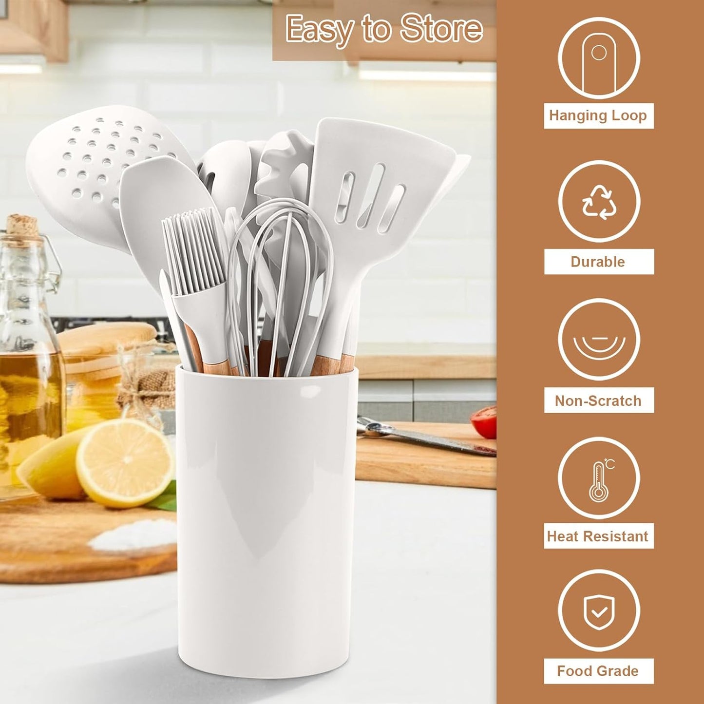 E-far Cooking Utensils Set of 6, Silicone Kitchen Utensils with Wooden Handle, Non-stick Cookware Friendly & Heat Resistant, Includes Spatula/Ladle/Slotted Turner/Serving Spoon/Spaghetti Server(Khaki)
