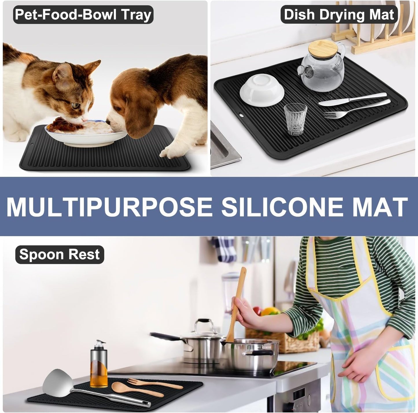 Walfos Silicone Trivet Mats - 4 Heat Resistant Pot Holders, Multipurpose Non-Slip Hot Pads for Kitchen Potholders, Hot Dishers, Jar Opener, Spoon Holder, Food Grade Silicone & BPA Free (Black)