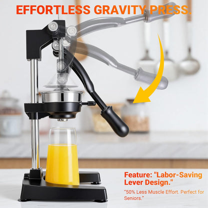 Manual Juicer Hand Press, 304 Stainless Steel Citrus Juicer for Orange Lemon Pomegranate, 19" Extra Tall Heavy Duty Juice Press with Dual Molds for Apple & Pear, Stable Suction Base