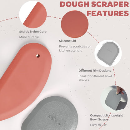 Bowl Scraper Dough Scraper Tool - Set of 2 Silicone Bench Scraper for Baking, Kitchen Pastry Scraper for Bread, Cake, Batter, cheese, Cream, Honey, Jam, Food Scraper with Curved Edge, Blue & Grey