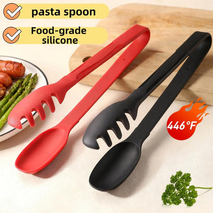 Silicone Pasta Tongs, Spaghetti Spoon Server with Teeth, Non-Scratch Pasta Spoon for Cooking and Serving, Heat Resistant Pasta Server for Spaghetti, Noodles and More - Red