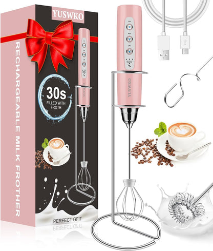 YUSWKO Black Handheld Milk Frother Wand for Coffee, Rechargeable Electric Whisk with 3 Heads 3 Speeds Drink Mixer Coffee Frother For Latte, Cappuccino, Hot Chocolate, Egg