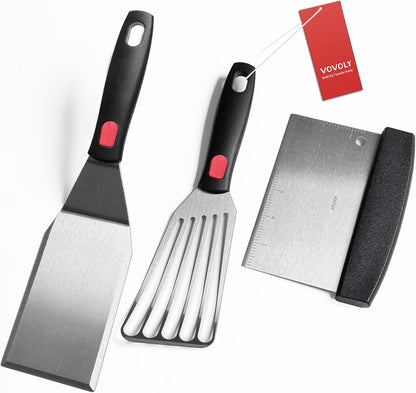 Stainless Steel Spatula Set with Heat Resistant Silicone Handle, VOVOLY Metal Spatulas For Kitchen Use, Thickened Smash Burger Spatula, Fish Flipper, Bench Scraper