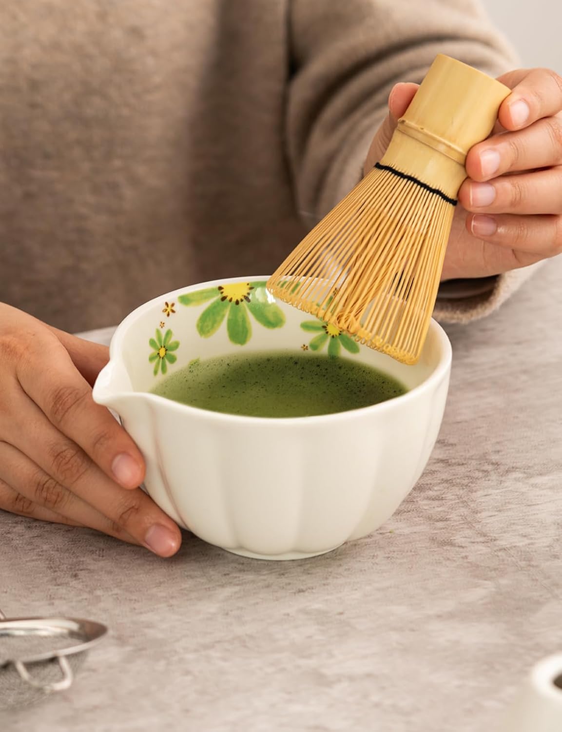 TANG PIN Matcha Set - Match Bowl and Whisk, 15 OZ, Matcha Scoop | Matcha Whisk Stand (Chasen Holder) - 4pc Perfect Matcha Kit for Matcha Tea Ceremony (Mottled Green)