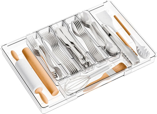 Yieach Clear Expandable Silverware Drawer Organizer,9.4-15.6In Adjustable Silverware Tray for Drawer,Acrylic Kitchen Utensil Drawer Organizer for Cutlery,Flatware Organizers and Fork and Spoon Holder