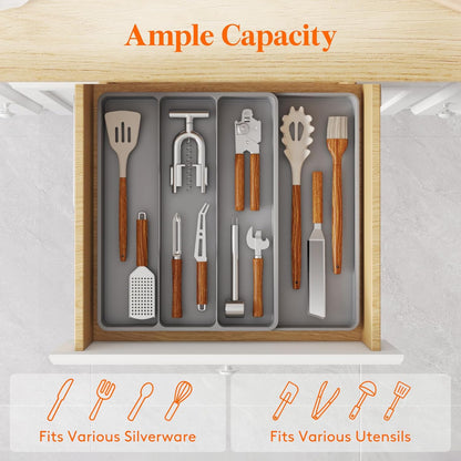 Lifewit Utensil Organizer for Kitchen Drawer, Expandable Cooking Silverware Tray, Adjustable Cutlery Flatware Holder, Plastic Spatula Tools Storage Divider, 14.4 x 15.8", Black