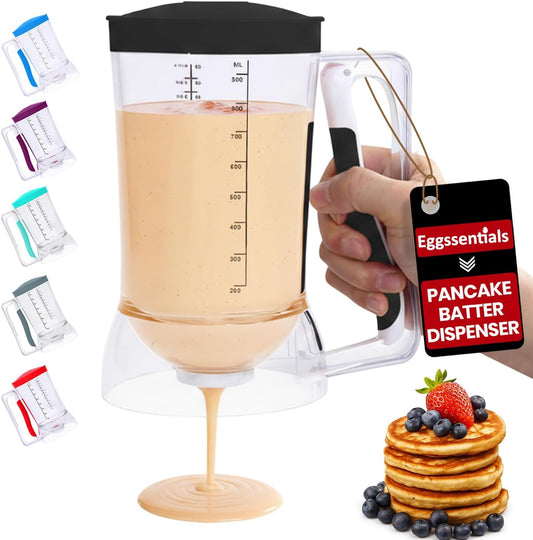 Eggssentials - Pancake Batter Dispenser with 5-Cup Capacity - Waffle Batter Dispenser for Pancakes, Cupcakes & Crepes, Easy-Squeeze Handle, Dishwasher Safe - Black Pancake Dispenser