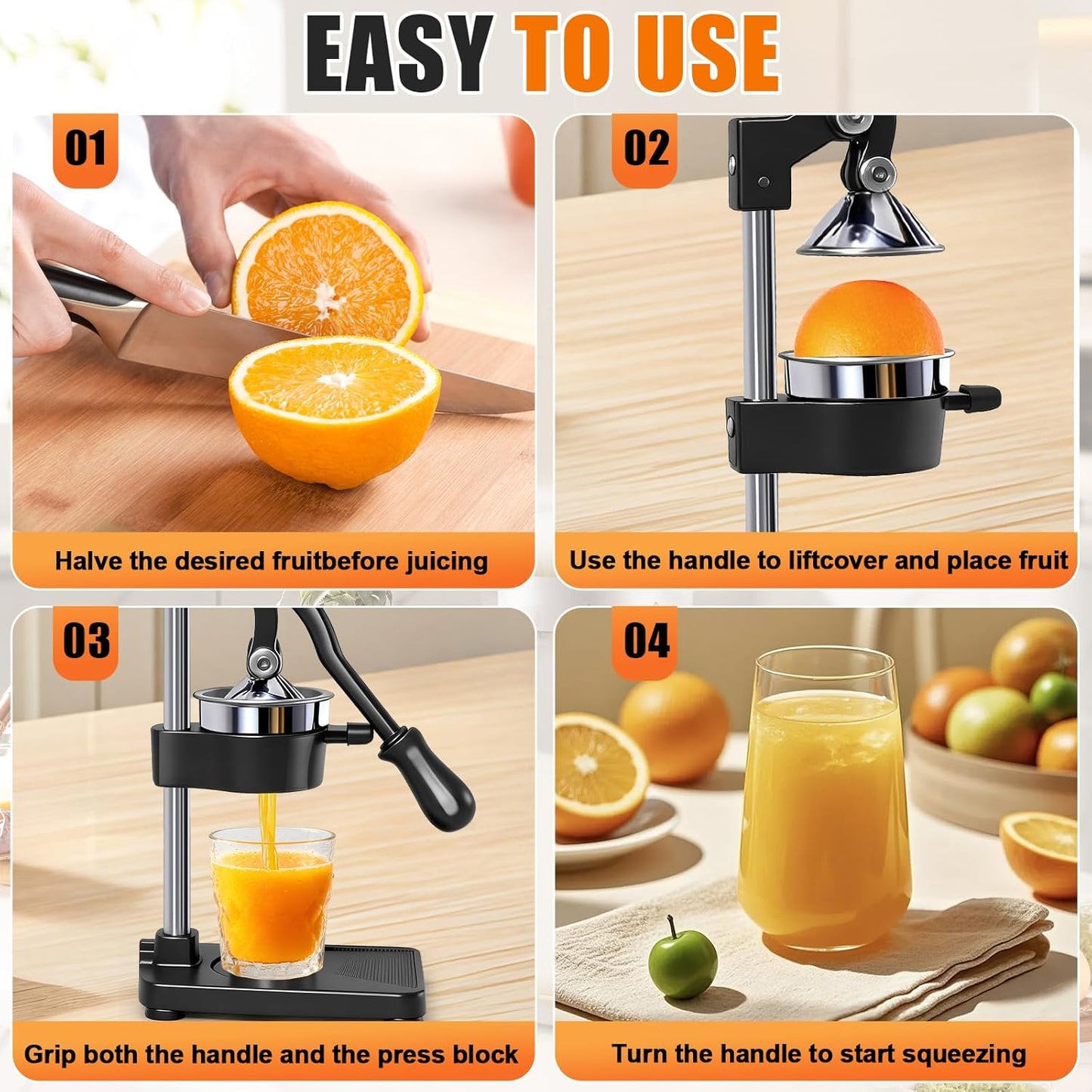 Manual Cast Iron Citrus Juicer,Commercial Hand Press,Heavy Duty Countertop Squeezer for Fresh Orange Lemon Juice,Stable When Pressed,Easy to Use & Clean (black)