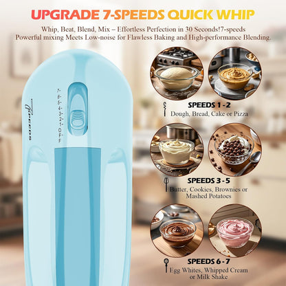 WADODO 7-Speed Electric Hand Mixer – Portable Food Mixer Kitchen Mixer with 304 *(1x Whisk, 2x Beater, 2x Dough hook) for Baking Cakes, Cream, Cookies, Light Pink