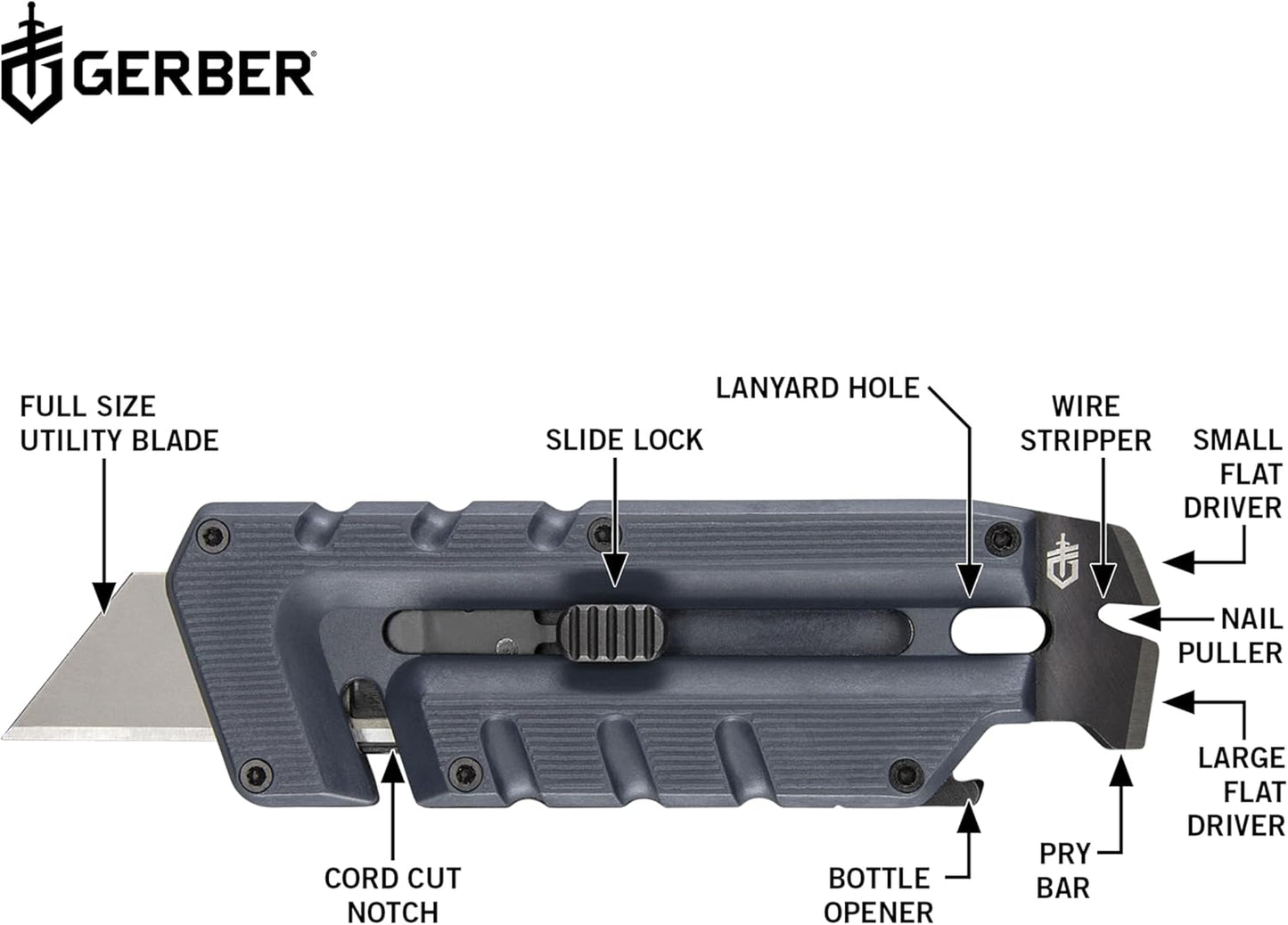 Gerber Gear Prybrid Utility Knife with Pocket Clip, Box Cutter Retractable Blade, Heavy Duty Utility Razor with Pry Bar, Bottle Opener, and Wire Stripper, Multi tool Pocket Knife, Blue with Clip