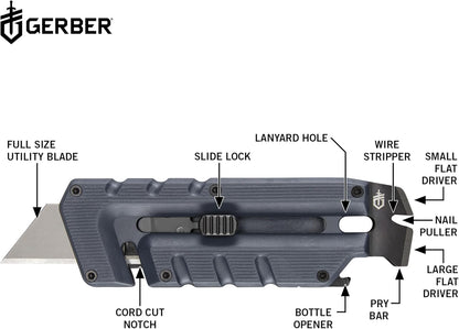 Gerber Gear Prybrid Utility Knife with Pocket Clip, Box Cutter Retractable Blade, Heavy Duty Utility Razor with Pry Bar, Bottle Opener, and Wire Stripper, Multi tool Pocket Knife, Blue with Clip