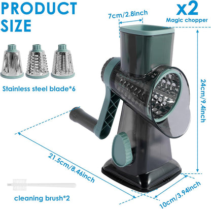 Rotary Cheese Grater with Handle, Shredder Slicer Grinder 3 Stainless Steel Blades Manual Cheese Cutter Hand Crank Graters for Kitchen Potato Zucchini Carrot Potato Vegetable Nuts Chocolate